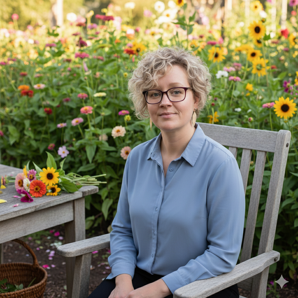 Author wearing a light blue shirt, sitting in a wooden chair next to a table with cut flowers in the garden. 