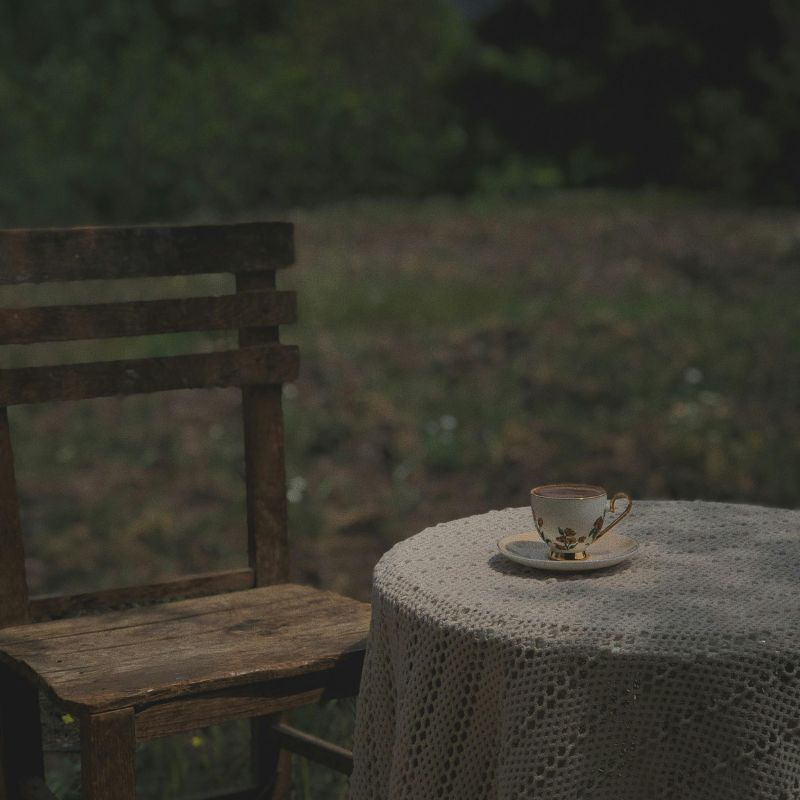 wooden chair and a round table with white linen sitting in an open field